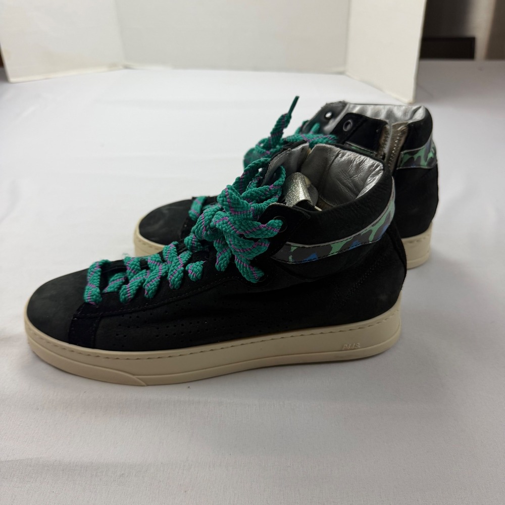 P448‎ Skate High Top Sneakers Womens 38 Black Suede Green Leopard Zip Italy